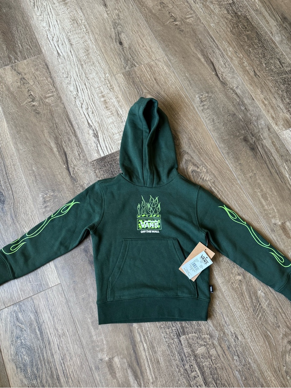 Vans Dark Green Hoodie with Neon Green Flame Graphics